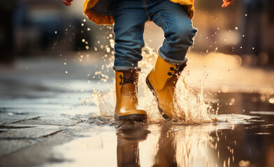 Child in a puddle with rain boots - 672803102