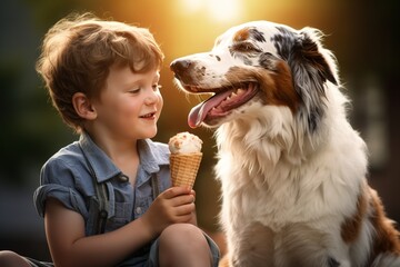child shares icecream with a dog