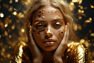 Woman Face covered by Gold Flakes Sparkles Glitters Glittering Shining Golden Bling Solid Color Dark Background 