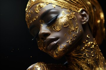 Woman Face covered by Gold Paints Flakes Sparkles Glitters Glittering Shining Golden Bling Solid Color Dark Background 