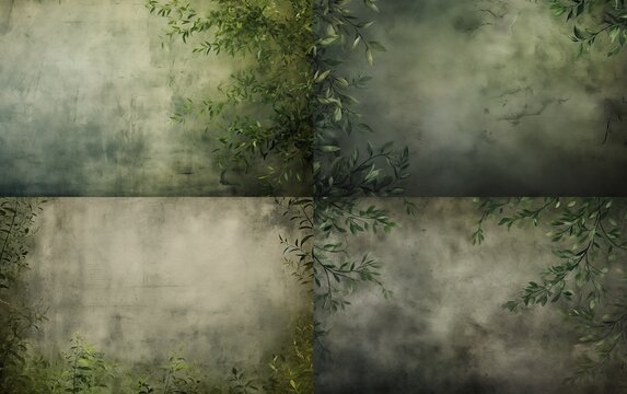 Tappezzeria Fiori Foglie Piante muro rovinato verde muffa 4x