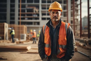 Poster Portrait of a handsome smiling male builder wearing an orange uniform and helmet against the background of a building under construction © liliyabatyrova
