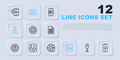 Set line Wine glass, Online poker table game, Casino chips, Dart arrow, Financial growth decrease, Stacks paper money cash and Football betting icon. Vector