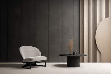 Interior room composition with grey wall panels and minimal decoration