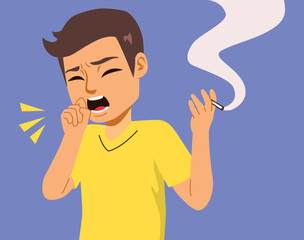 Man Smoking Tobacco Coughing Vector Illustration. Young adult suffering from bronchitis and asthma attacks due to harmful unhealthy habits