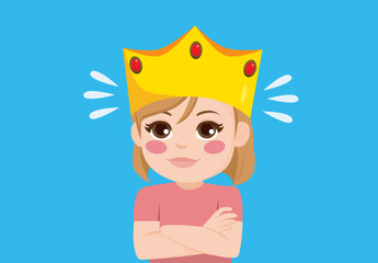 Little girl wearing golden crown vector cartoon illustration. Egotistic child feeling entitled and privileged
