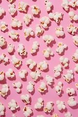 Popcorn on pink background. Flatlay composition. Ai Generative