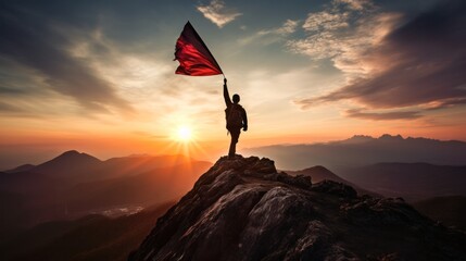 Silhouette Businessman with flag on peak mountain, Business and success concept