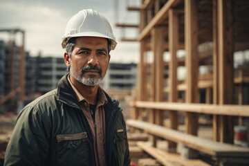 Portrait of a handsome adult male builder, contractor wearing a white helmet against the background of an object under construction with workers. Copy Space - obrazy, fototapety, plakaty