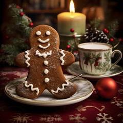 christmas gingerbread cookies, brown ginger bread man on white plate with spoon on red with white piece of cloth, other cup and saucer on the table along with a candle, red ornamental ball, delightful - obrazy, fototapety, plakaty