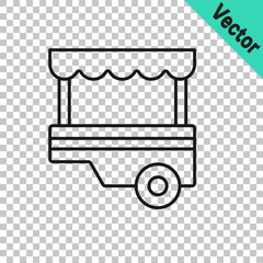 Black line Fast street food cart with awning icon isolated on transparent background. Urban kiosk. Vector