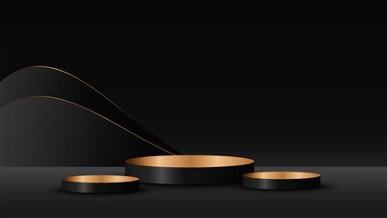Abstract background in a minimalist style.The layout of the scene with wavy lines. Cylindrical gold and black podium on a black background, for demonstration and presentation of a cosmetic product. 