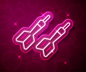 Glowing neon line Dart arrow icon isolated on red background. Vector