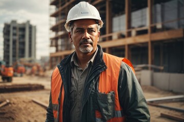 Portrait of a handsome adult male builder, contractor wearing a white helmet against the background of an object under construction with workers