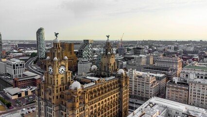 drone view of Liverpool city - Albert dock - Royal Liver Building