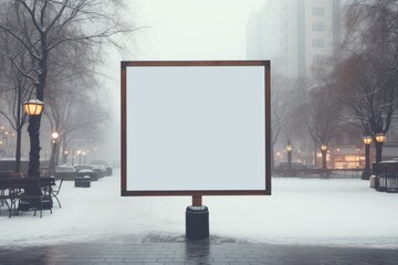 Blank banner mock up. Empty banner on a winter city street. AI generated