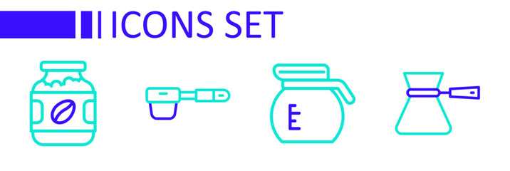 Set line Coffee turk, pot, filter holder and jar bottle icon. Vector