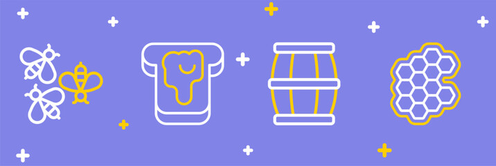 Set line Honeycomb, Wooden barrel with honey, Bread and Bees icon. Vector