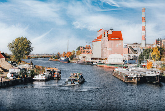 ELBLĄG, POLAND - 2 NOVEMBER 2023: water transport on the Elbląg Canal. 
