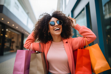 Happy woman with paper bags goes shopping - obrazy, fototapety, plakaty