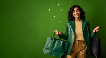 Joyful lady with shopping bags on a green backdrop