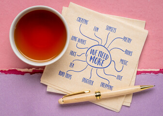 mind map doodle on napkin with a cup of tea - what we need more: love, dreaming, music, tea,...