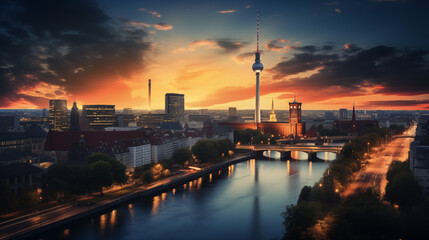 Fototapeta na wymiar Beautiful Berlin skyline in the sunset over the river