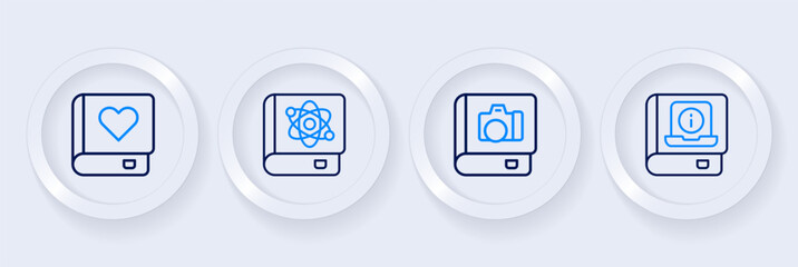 Set line User manual, Photo album gallery, Book about physics and Romance book icon. Vector