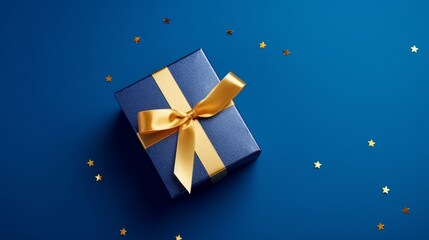 Showcase a gift box from above on a royal blue background.