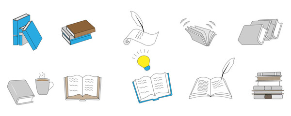 Book line doodle icon set. Open library, reading, school education. Hand drawn sketch doodle style line icon diary.