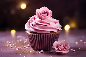 Fototapeten Cupcakes with pink frosting and sugar rose © Firn
