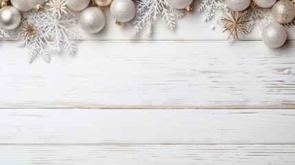 Christmas background on the white wooden desk, Merry Christmas and Happy New Year banner