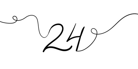 Number 24 line art drawing on white background. 24th birthday continuous drawing contour. Minimal vector illustration