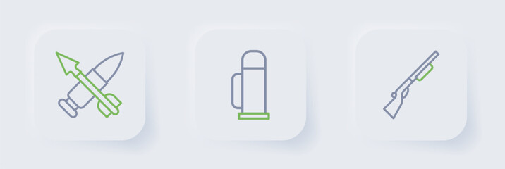 Set line Hunting gun, Thermos container and Crossed bullet with arrow icon. Vector
