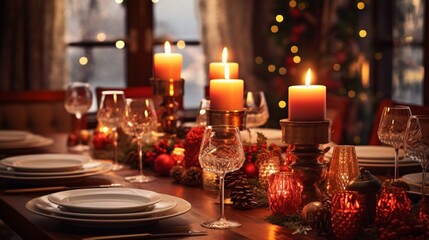 Fototapeta na wymiar Softly glowing candles casting a warm light on a table set with festive, holiday-themed placemats.