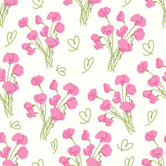 Obraz na płótnie Canvas Seamless pattern of ping small flowers and green flower stalks shaped like hearts on white background, Vintage floral background, Pattern for design wallpaper, gift wrap paper and fashion prints.