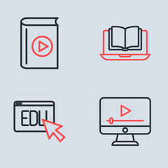 Set line Online class, education, play video and Audio book icon. Vector