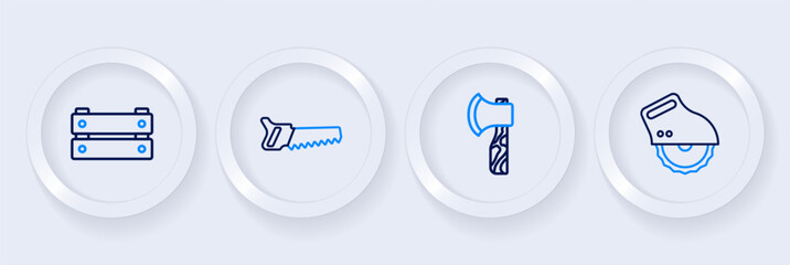 Set line Electric circular saw, Wooden axe, Hand and box icon. Vector