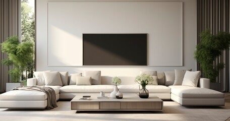 An Elegant Living Room with a Vacant Frame for Artistic Expression. Generative AI