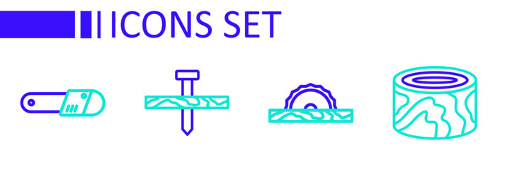 Set line Wooden logs, Electric circular saw, Metallic nail and Chainsaw icon. Vector