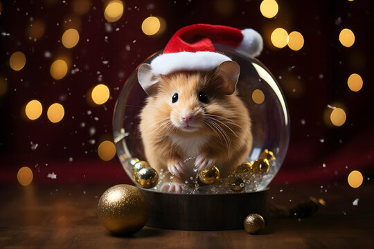 a cute small mouse with christmas red and white hat in a transparent glass shoe piece with mini golden balls sparkling lights at the background, merry christmas 