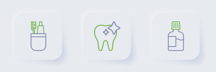 Set line Mouthwash, Tooth whitening and Toothbrush and toothpaste icon. Vector