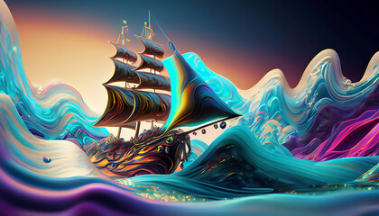 An iridescent fancy ship sailing on the ocean
