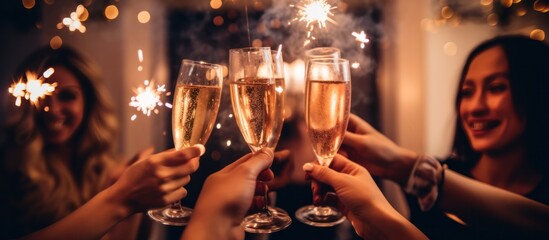 Friends celebrating Christmas or New Year eve party with Bengal lights and rose champagne - obrazy, fototapety, plakaty