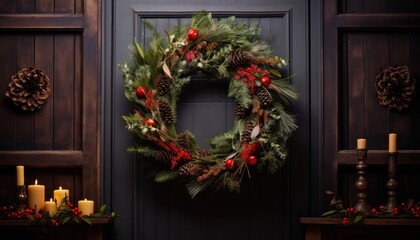 Fototapeta na wymiar Photo of a Festive Christmas Wreath Adorning the Front Door of a Cozy Home