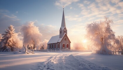 Photo of a Serene Winter Scene: Church Amidst Snowy Fields and Majestic Landscape - obrazy, fototapety, plakaty