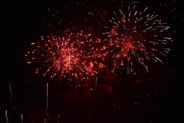 several red fireworkss shine brightly in the dark sky behind them