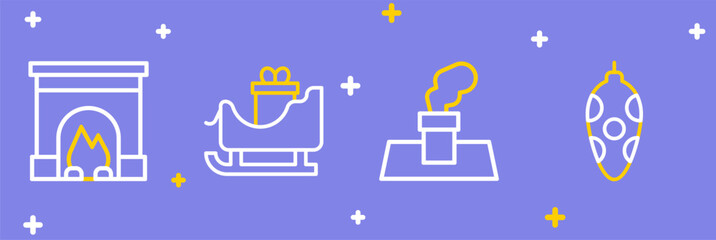 Set line Christmas toy, chimney, santa claus sleigh and Interior fireplace icon. Vector