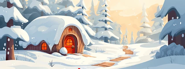 Papier Peint photo Lavable Beige cute christmas house of gnomes or elves in winter landscape. Cartoon illustration.