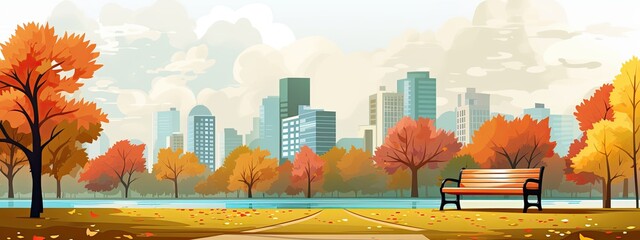 Autumn city park landscape. Autumn holidays concept in flat cartoon style. - obrazy, fototapety, plakaty